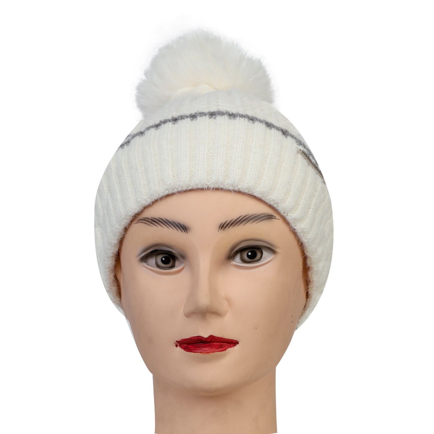 Women & Girls Pom-Pom Knitted Beanie Cap (Ivory)