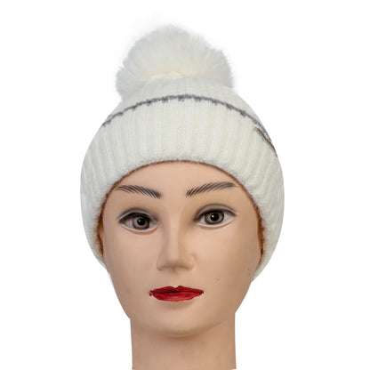 Women & Girls Pom-Pom Knitted Beanie Cap (Ivory)
