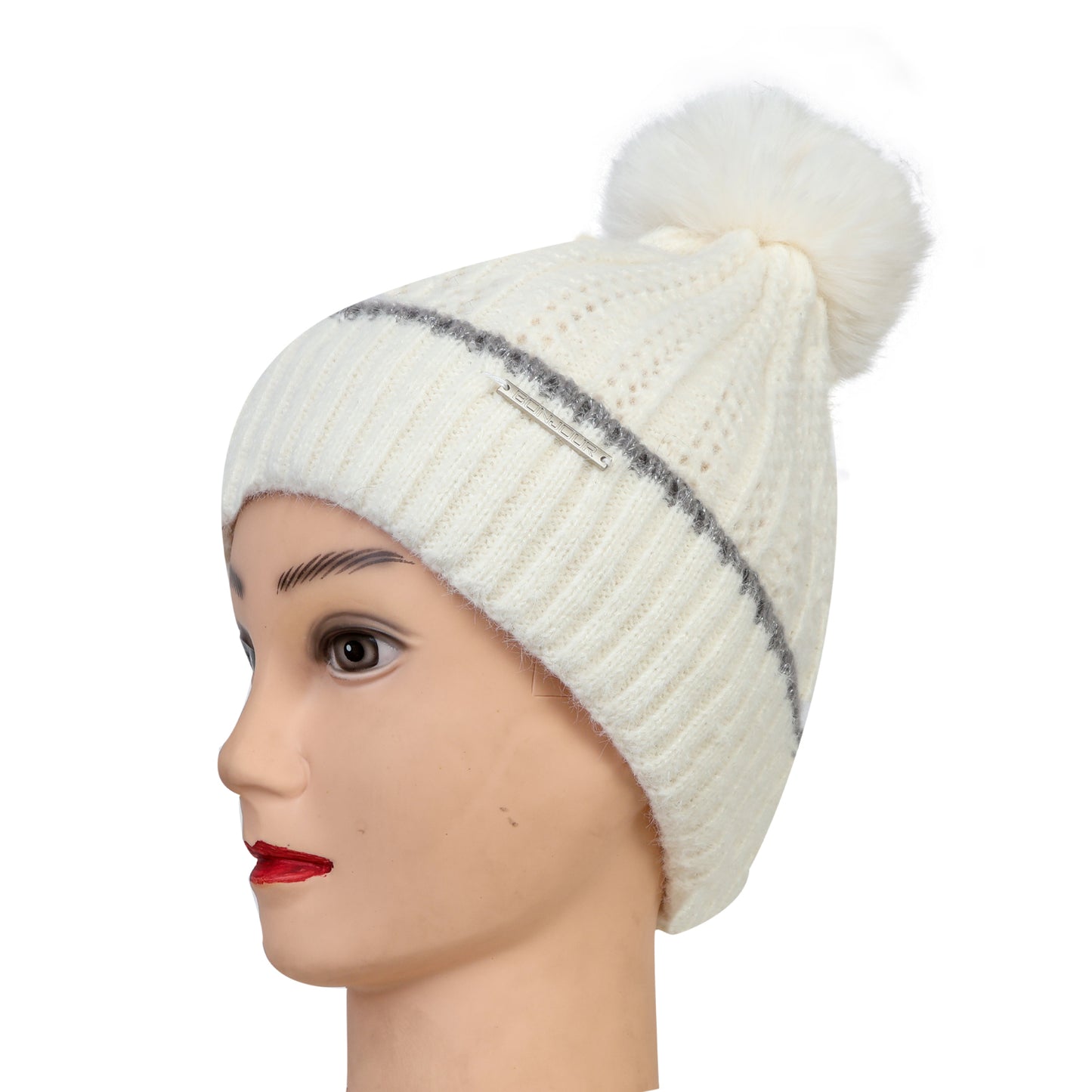 Women & Girls Pom-Pom Knitted Beanie Cap (Ivory)