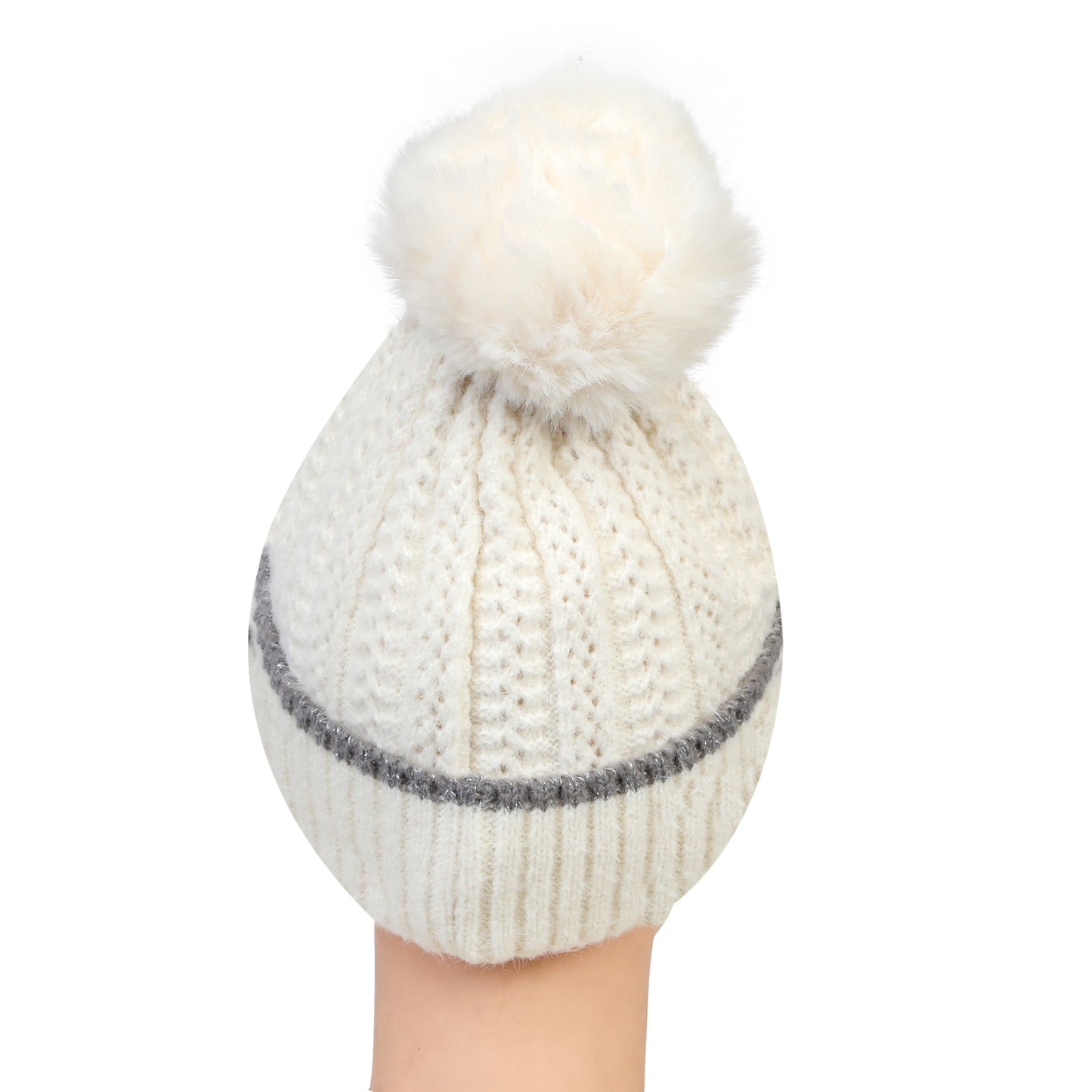 Women & Girls Pom-Pom Knitted Beanie Cap (Ivory)