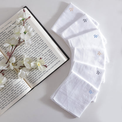 Men's White Cotton Handkerchief With Alphabet W Initial (Pack of 6)