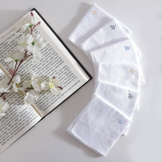 Men's White Cotton Handkerchief With Alphabet W Initial (Pack of 6)