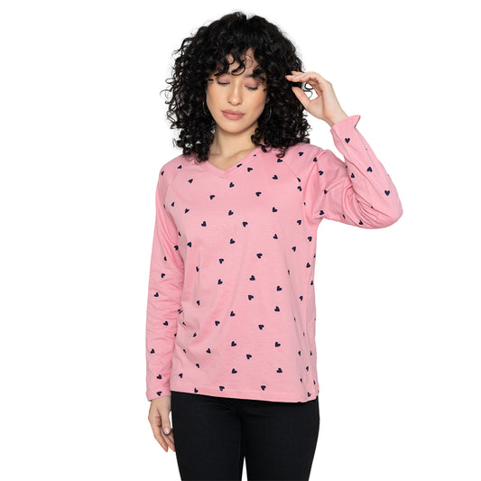 Women's V-Neck Printed Lounge Wear Tee - Pink