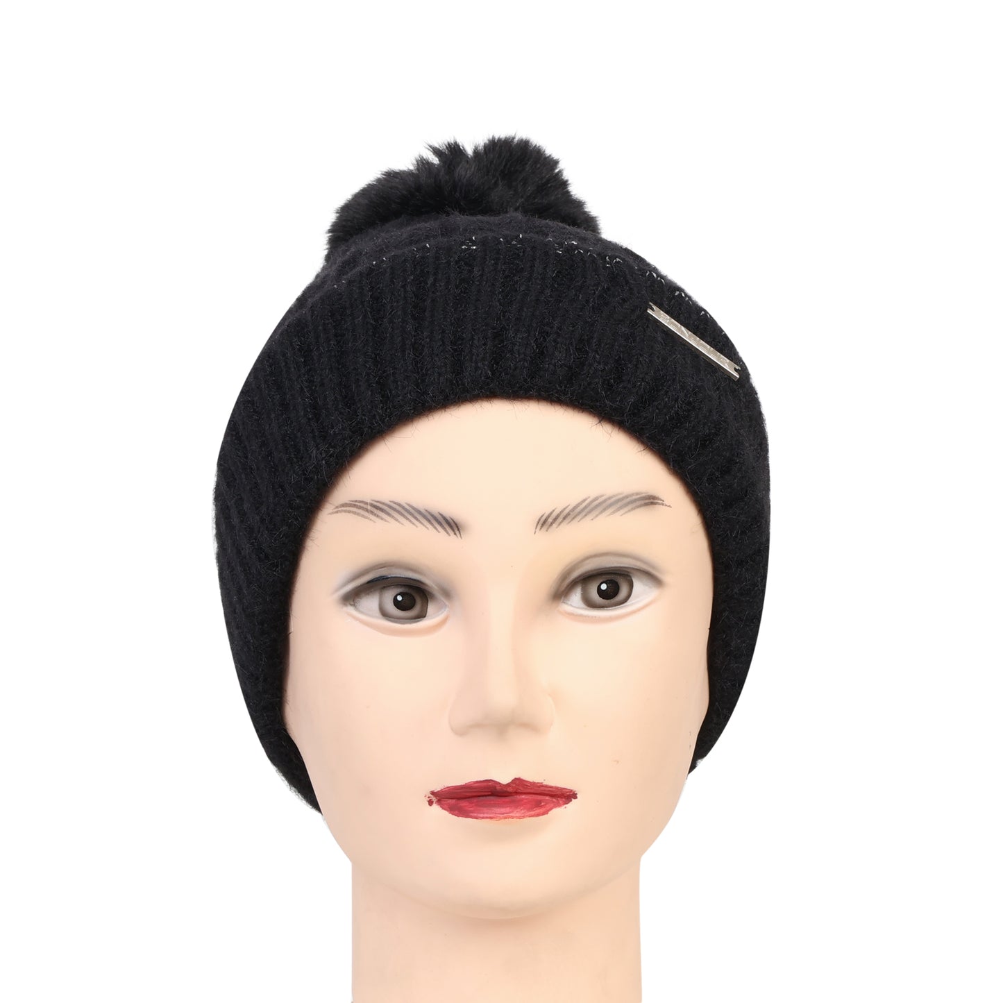 Women & Girls Pom-Pom Knitted Beanie Cap (Black)