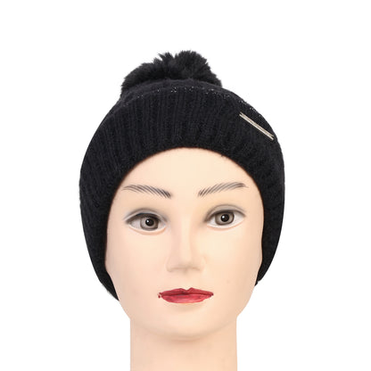Women & Girls Pom-Pom Knitted Beanie Cap (Black)