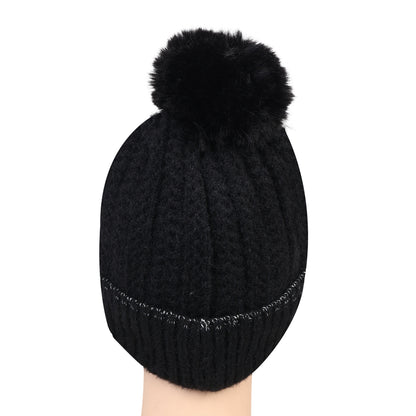 Women & Girls Pom-Pom Knitted Beanie Cap (Black)