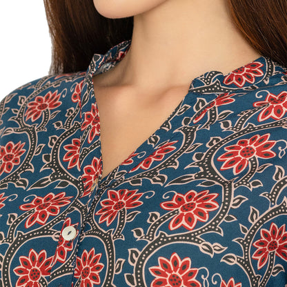 Casual Kurti for Women – Navy Blue with Printed Detail
