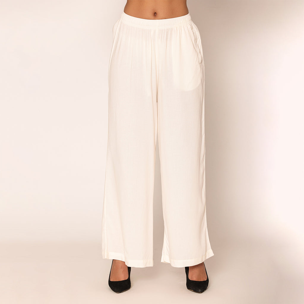 Vami Women's Cotton Solid Palazzo Pants - Off White