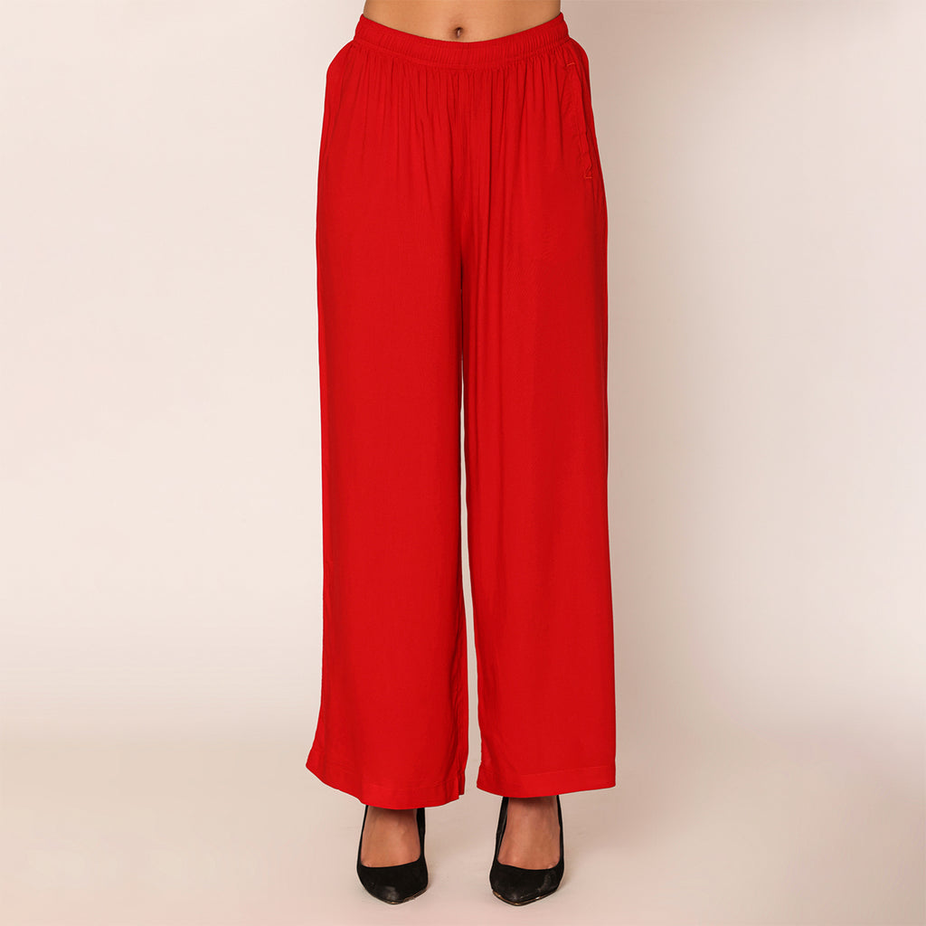 Vami Women's Cotton Solid Palazzo Pants -Red