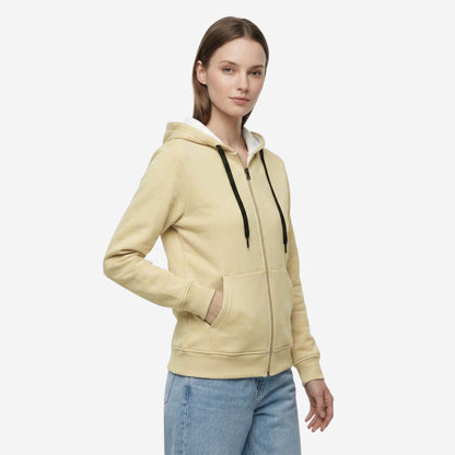 Women’s Solid Zipper Hoodie Jacket (Biscotti)