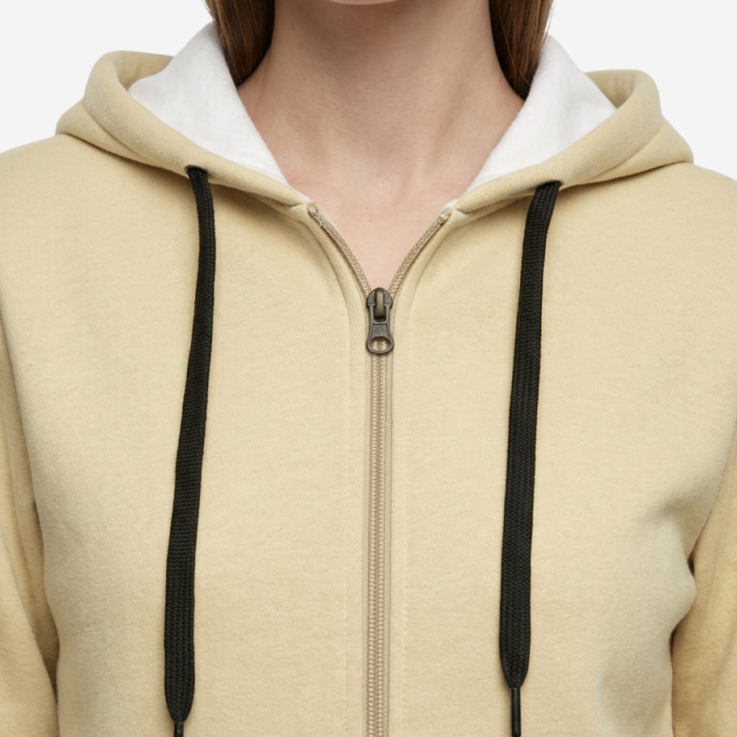 Women’s Solid Zipper Hoodie Jacket (Biscotti)
