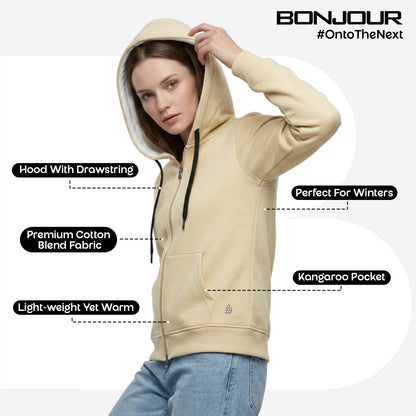 Women’s Solid Zipper Hoodie Jacket (Biscotti)