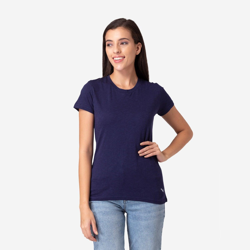 Women's Plain Half Sleeve Round-Neck T-Shirt For Summer - Navy