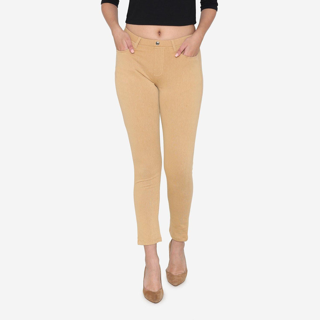 Vami Women's  Cotton Stretchable Jeggings - Beige - Bonjour Group