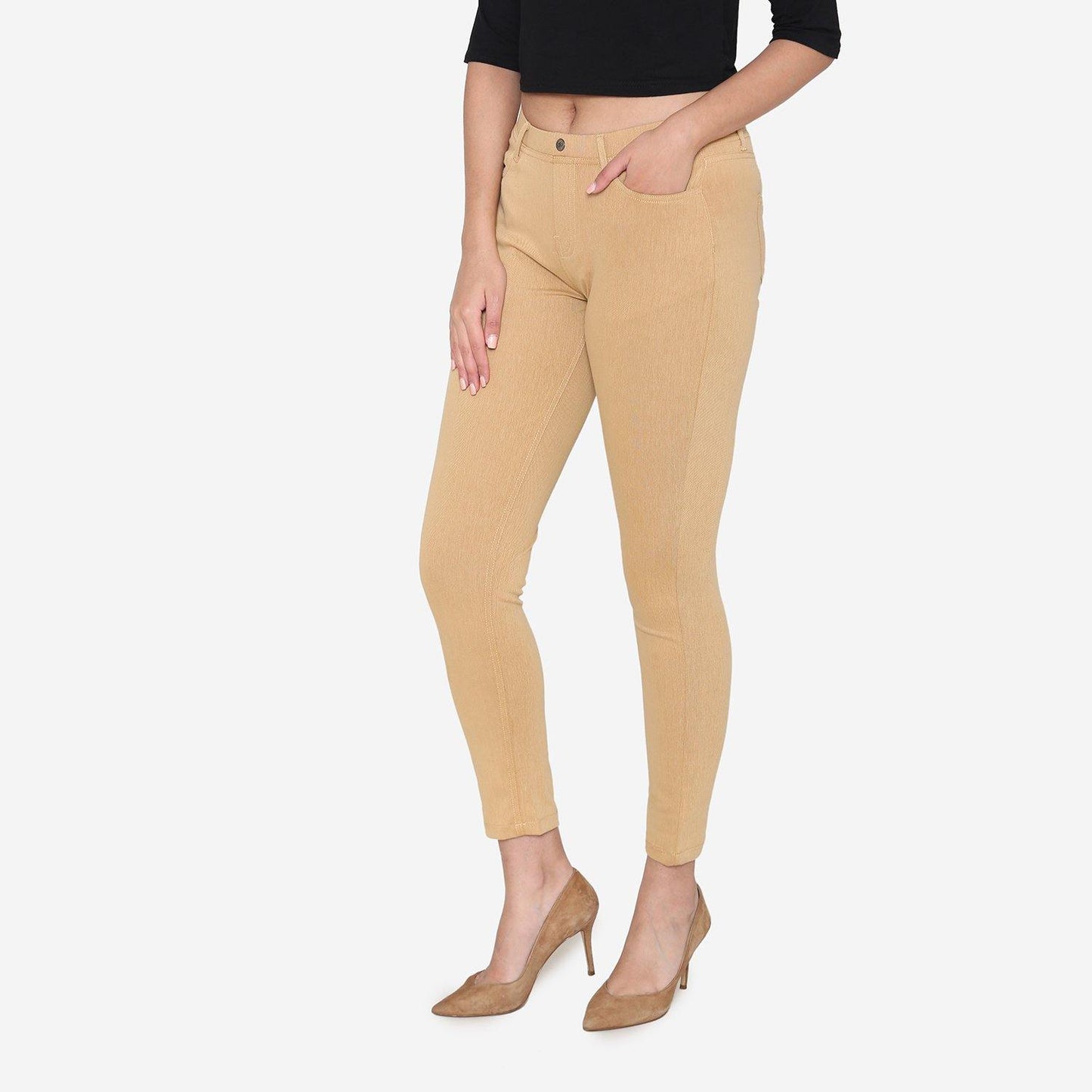 Vami Women's  Cotton Stretchable Jeggings - Beige - Bonjour Group