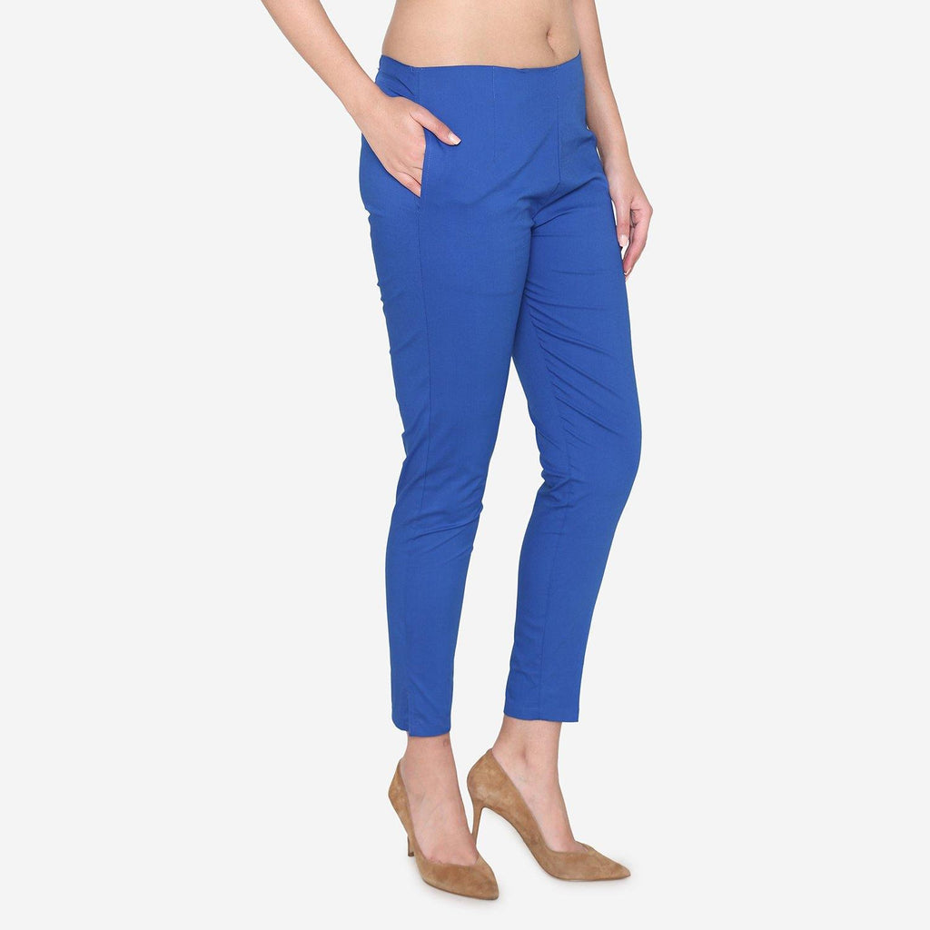 Smart casual royal blue cotton silk narrow fitted pant  Sujatra