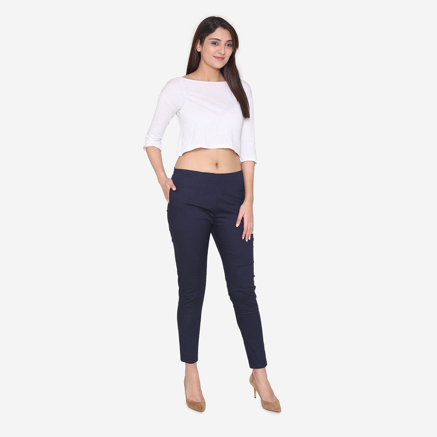 Vami Women's Cotton Formal Trousers - Navy - Bonjour Group