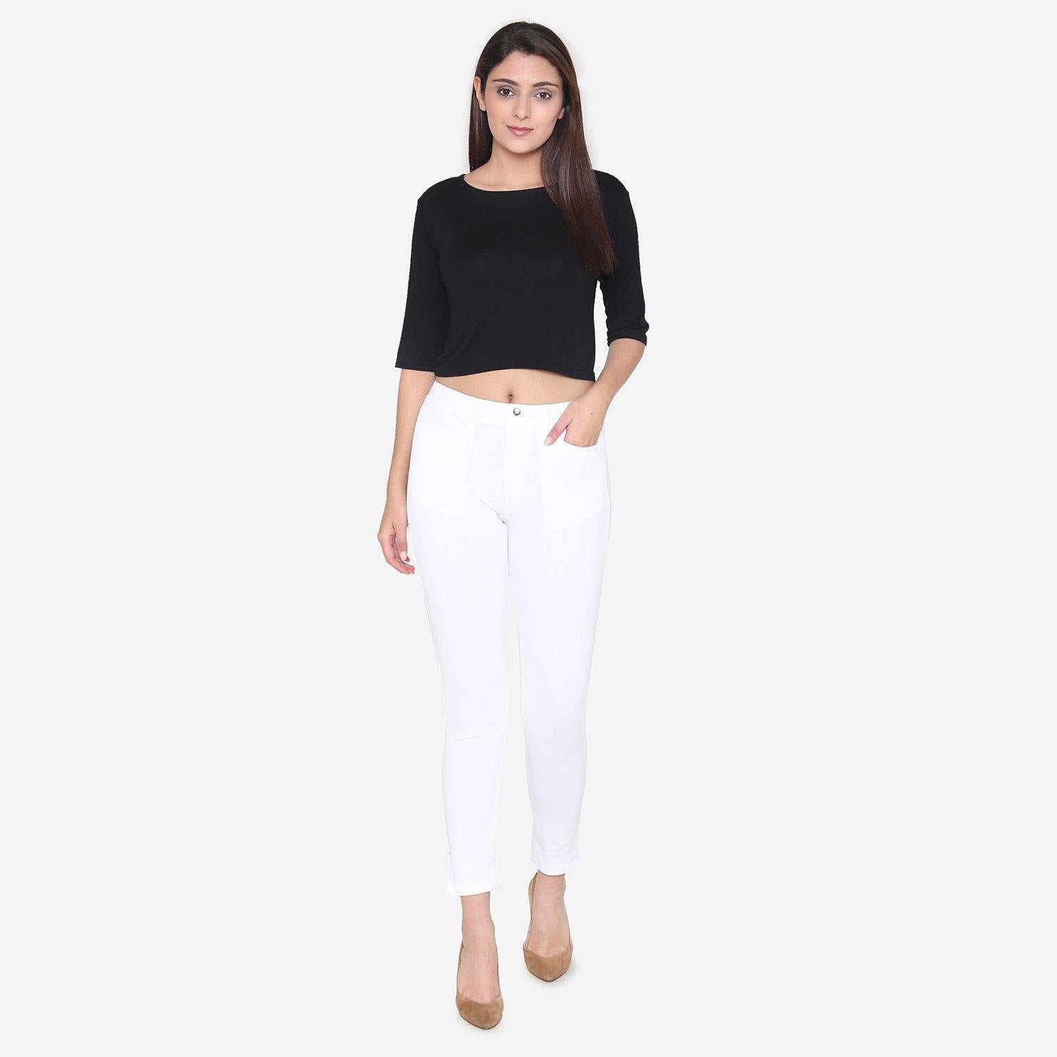 Vami Women's  Cotton Stretchable Jeggings - White - Bonjour Group