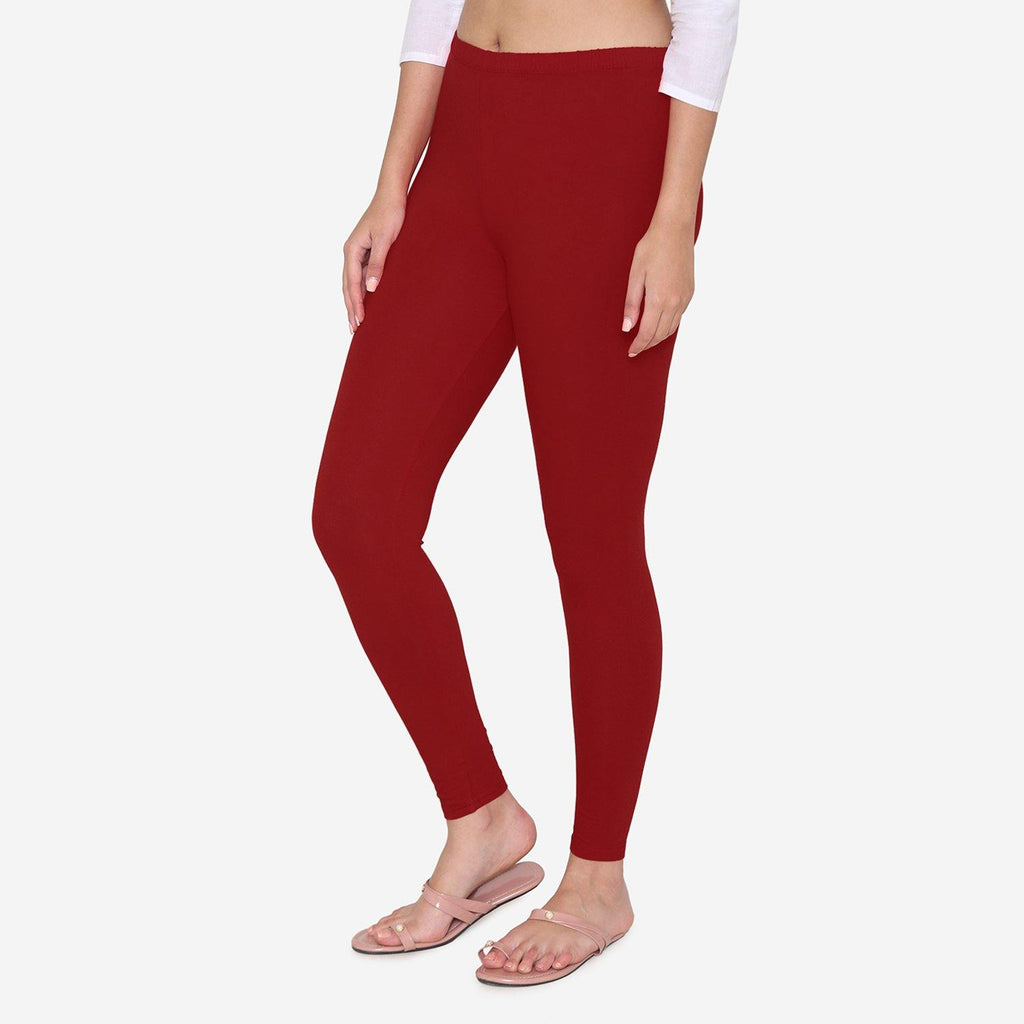 Vami Women's Cotton Stretchable Ankle Leggings - Maroon – BONJOUR