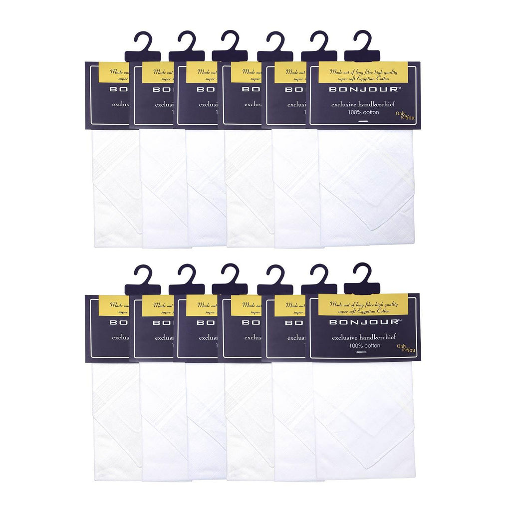 Men's Formal Cotton Handkerchief in White -Pack of 12 - Bonjour Group