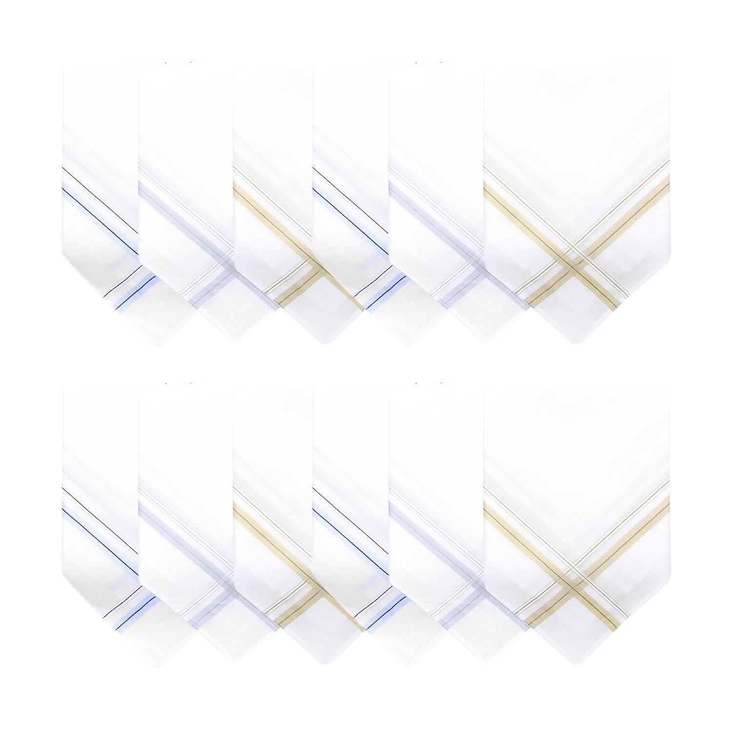 Mens Formal Cotton Handkerchief in White with colorful stripes- Pack of 12 - Bonjour Group