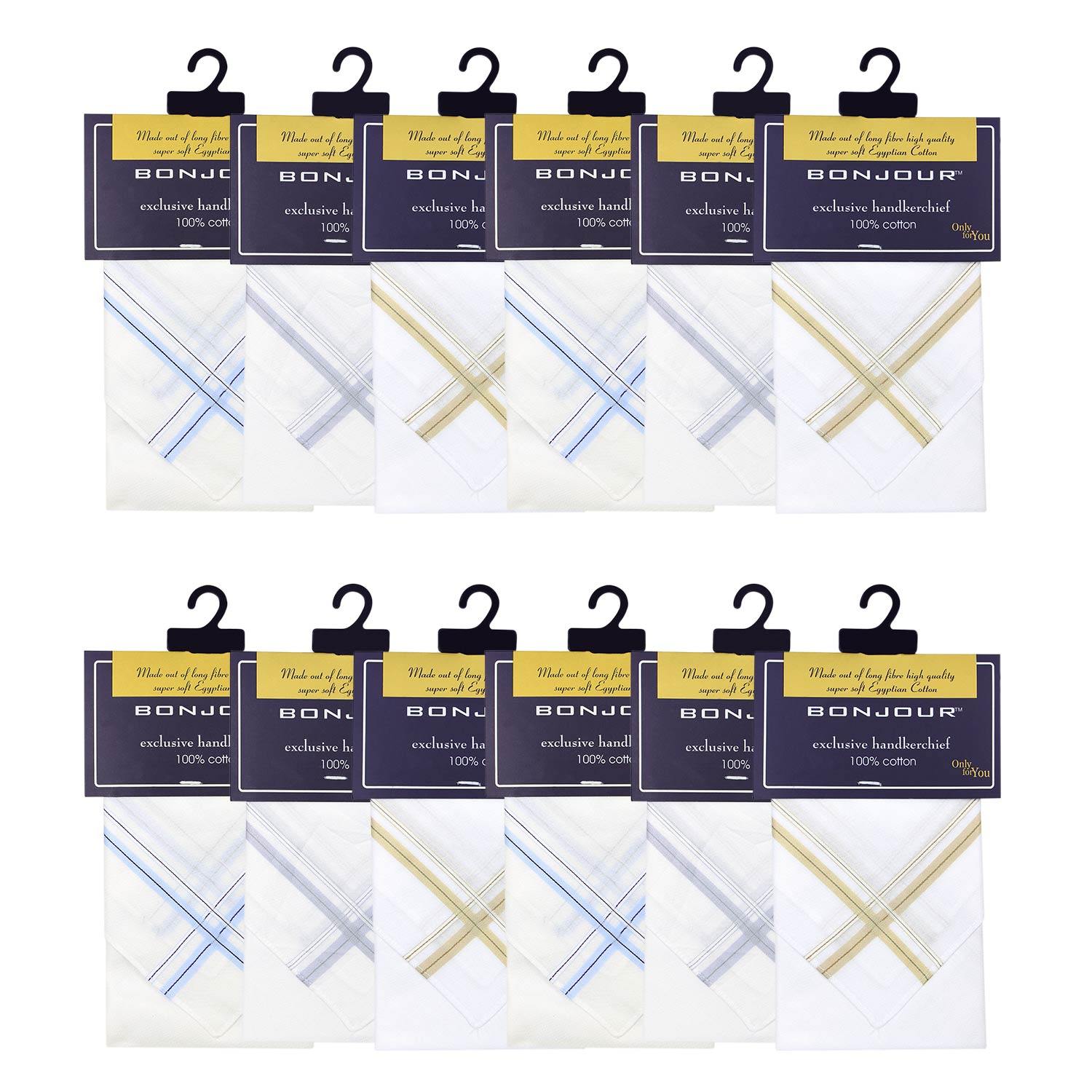 Mens Formal Cotton Handkerchief in White with colorful stripes- Pack of 12 - Bonjour Group