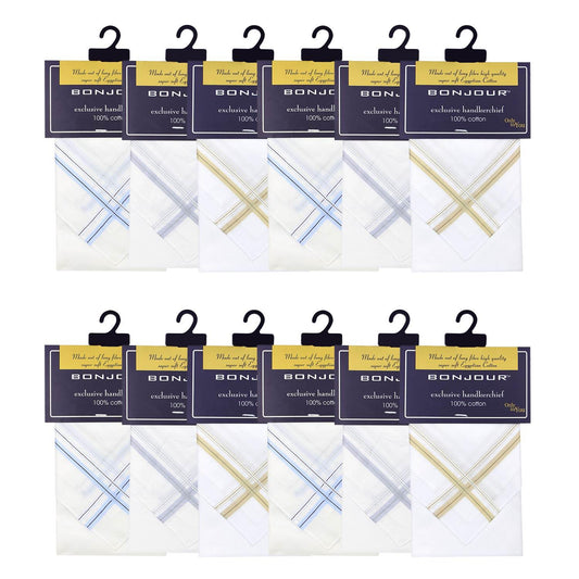 Mens Formal Cotton Handkerchief in White with colorful stripes- Pack of 12 - Bonjour Group