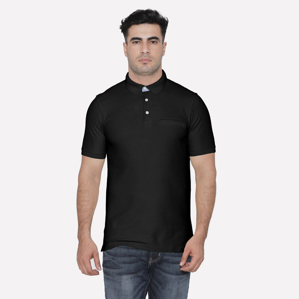 Men's  Polo-Neck Half Sleeve Casual Cotton T-Shirt - Black