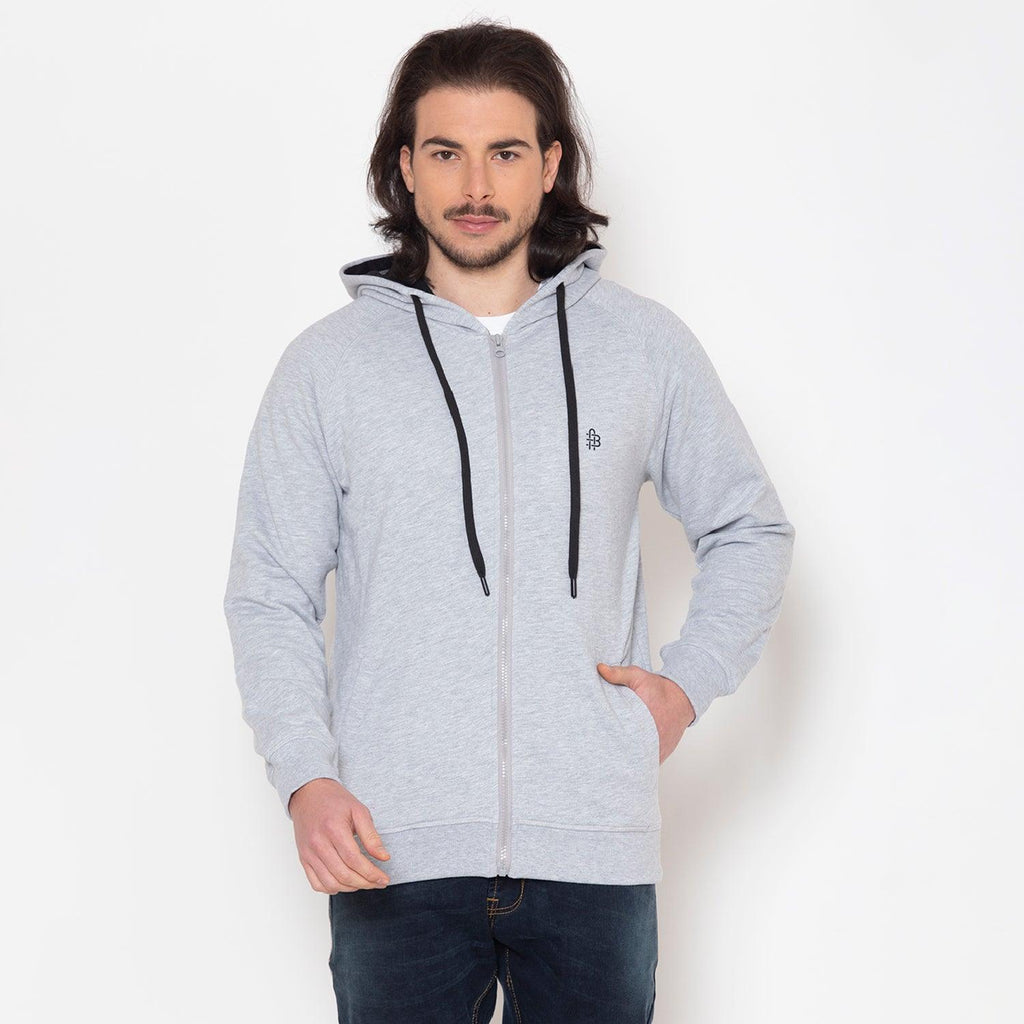 Men's Full Sleeve Plain Hooded Jacket - Light Grey