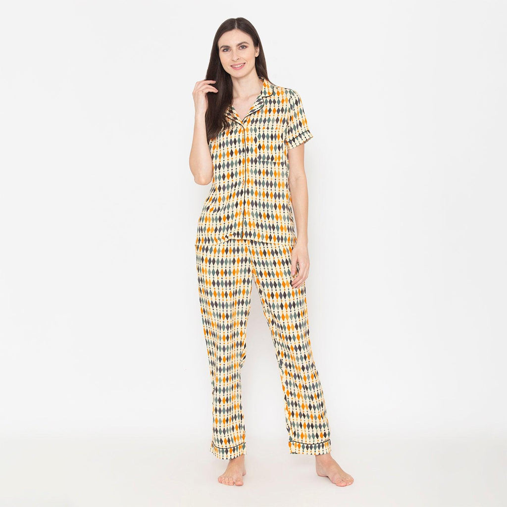 Women's Cotton Printed Night Suit Set of Shirt & Pyjama  