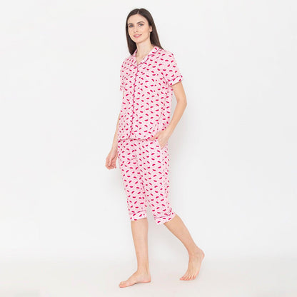 Printed Night Suit Set of Shirt & Capri For Ladies