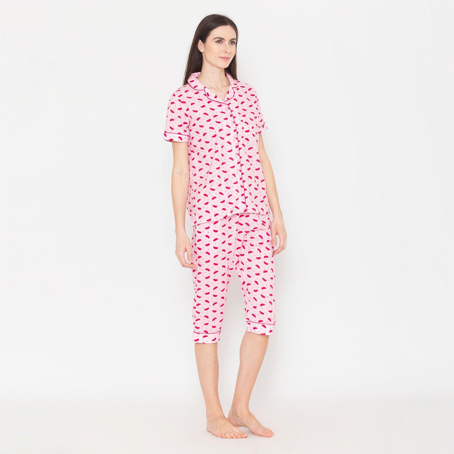 Printed Night Suit Set of Shirt & Capri For Women
