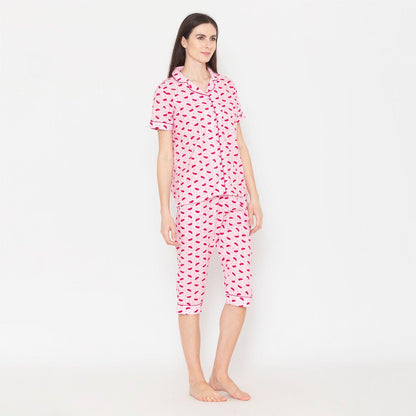 Printed Night Suit Set of Shirt & Capri For Women