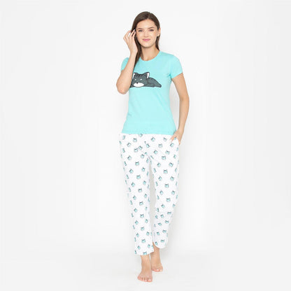 Women's Printed Night Suit Set of Shirt & Lower 