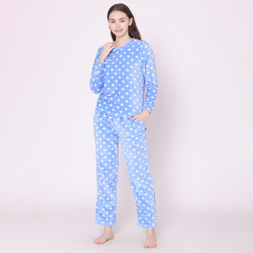 Women's Regular Comfort Fit Full Sleeve Round Neck Winter Velvet Polka Prints Top And Pyjama Set  - Blue