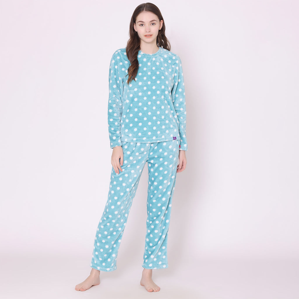 Women's Velvet Polka Prints Top And Pyjama Set - Green