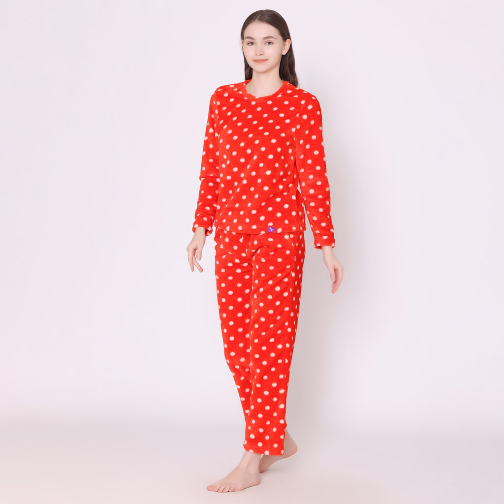 Women's Fit Full Sleeve Round Neck Winter Velvet Polka Prints Top And Pyjama Set 