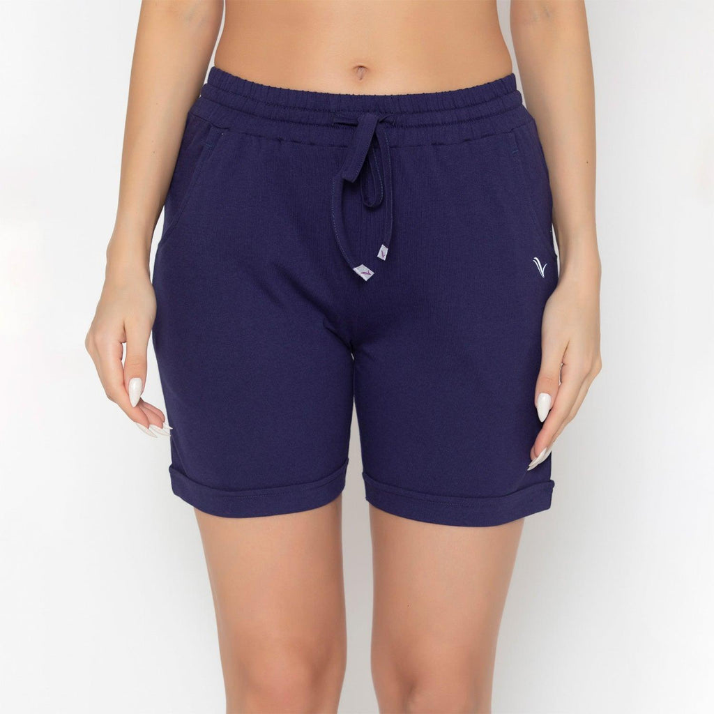 Plain Knitted Shorts For Women - Navy